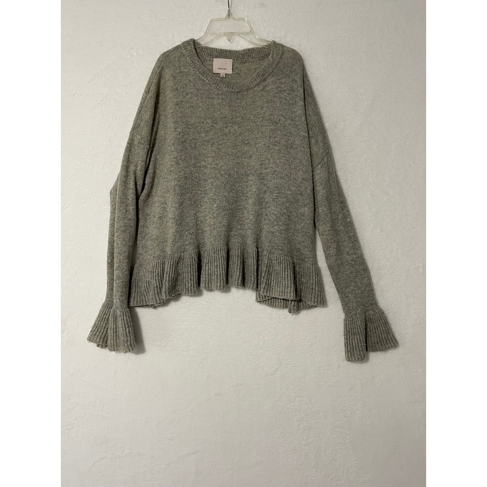 Cinq a Sept Womens Grey Mercerized Wool Blend Ruffle Peplum Crew Neck Sweater S